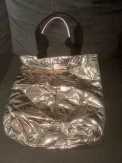 Victoria's Secret Silver Metallic Tote Bag Black Handles Pouch
