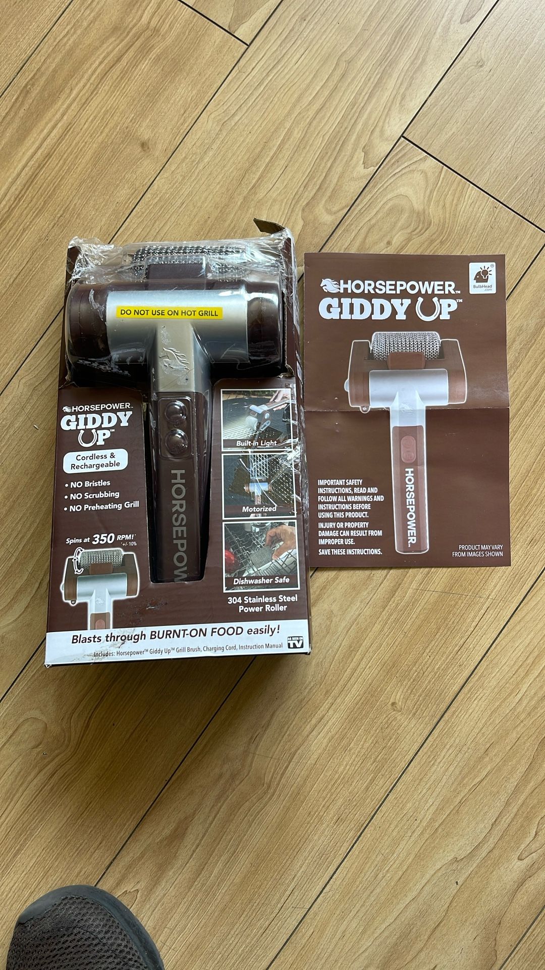 1 HorsePower Giddy Up Grill Cleaner AS-SEEN-ON-TV! – Cordless, Rechargeable BBQ Tool with 350 RPM Stainless Roller, LED Light – Patents Pending – From