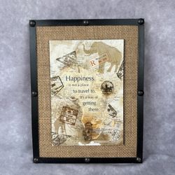 Travel Quote Wall Decor Burlap Framed Art Happiness Is Not a Place 8.75 x 6.75