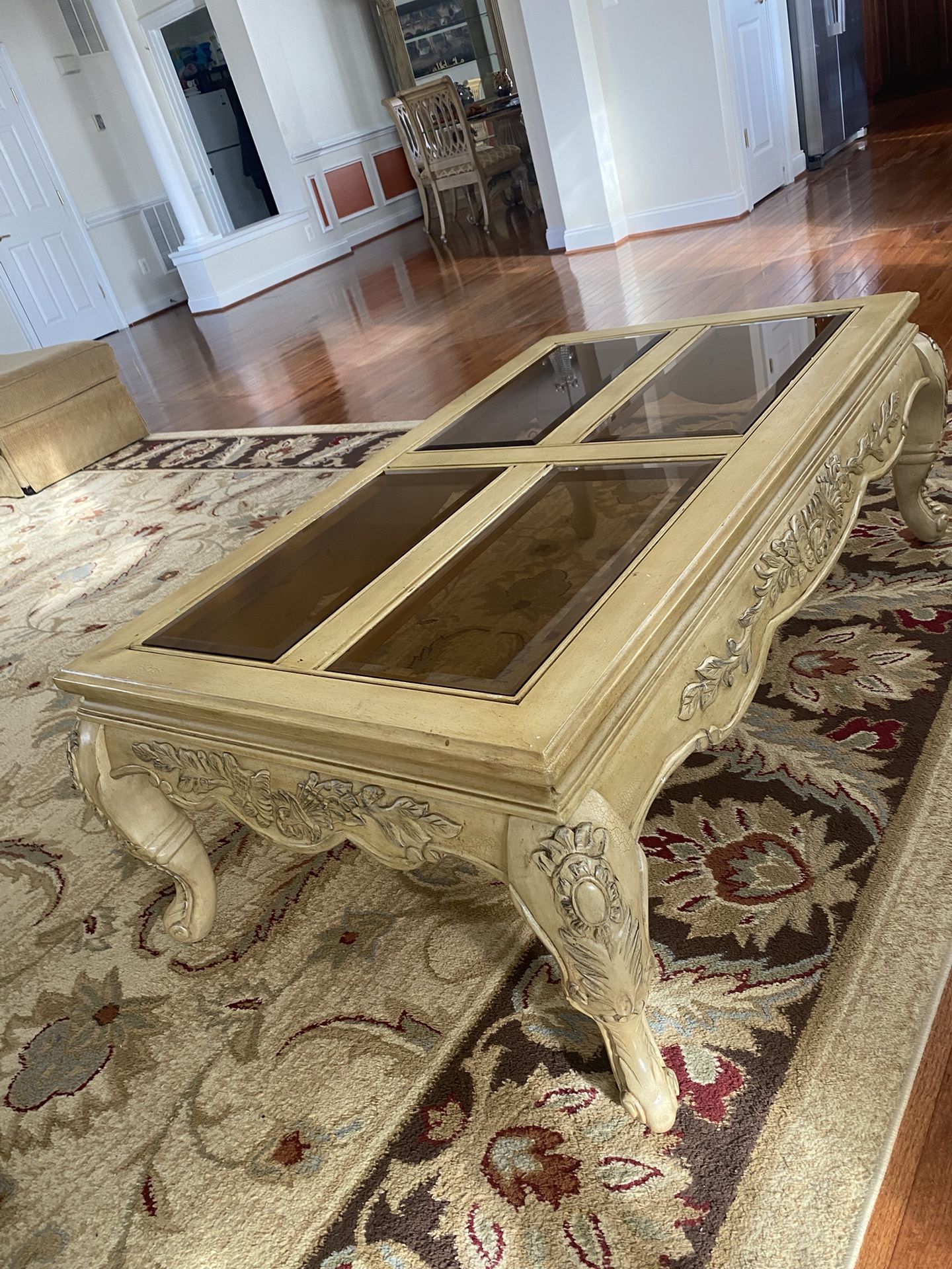 Handcrafted Light Wood With Tinted Glass Coffee Table And End Table