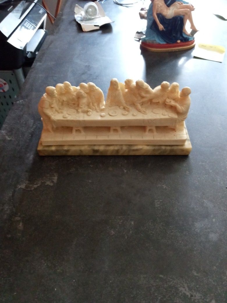 Antique Italian Alabaster And Marbre Last Supper Scene Ornament Sculpture 1990s