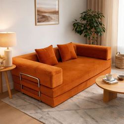 Compressed Sofa Bed Orange Corduroy fabric, New Especial price 