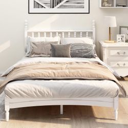 Queen Wood Bed Frame with Headboard, Solid Rubber Wood Central Supports, 1000Lb Capacity, White