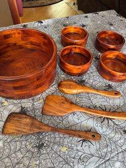 Vintage Wooden Salad Bowl Set with Utensils