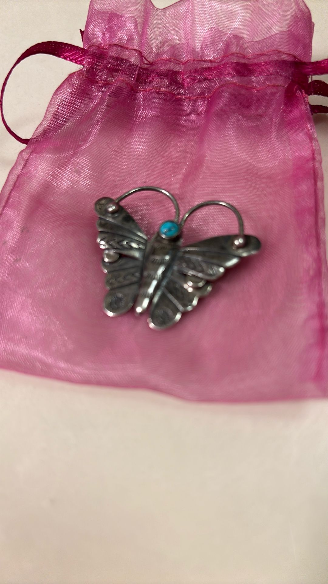 Navajo Sterling Silver & Turquoise Zuni Butterfly Brooch 