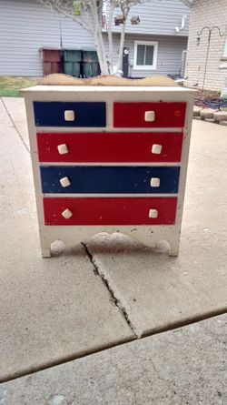Before/after. Refurbished five drawer wooden two tone chest. 24 by 12 by 27