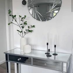 Silver Mirror Console/Entry Table & Round Wall Mirror