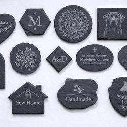 Natural slate coasters, laser engraved.
