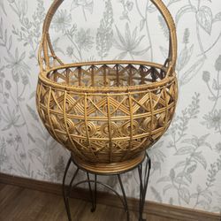 Vintage Basket Woven Wicker Brown Patterned Handle Fruit Picking Bag Antique Handmade 