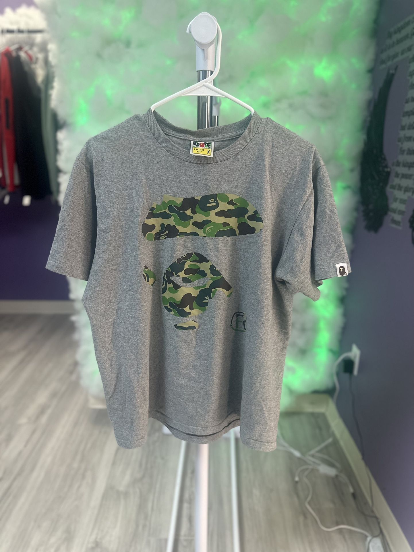 Bape Tee Grey Green Camo Ape Face