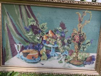 Needlepoint Still Life Fruit Cake Wine Framed Ready To Hang! Vintage  Art