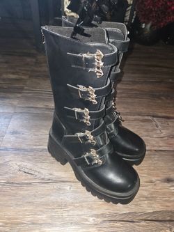 Black Platform Combat Boots with Bat Buckles
