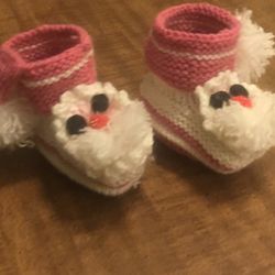 Handmade Knitted Booties for Babies Santa Claus  Pink and White Colors