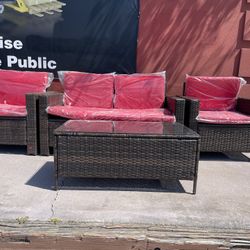 Outdoor Bench 2 Chairs & Table Set Red Cushions 