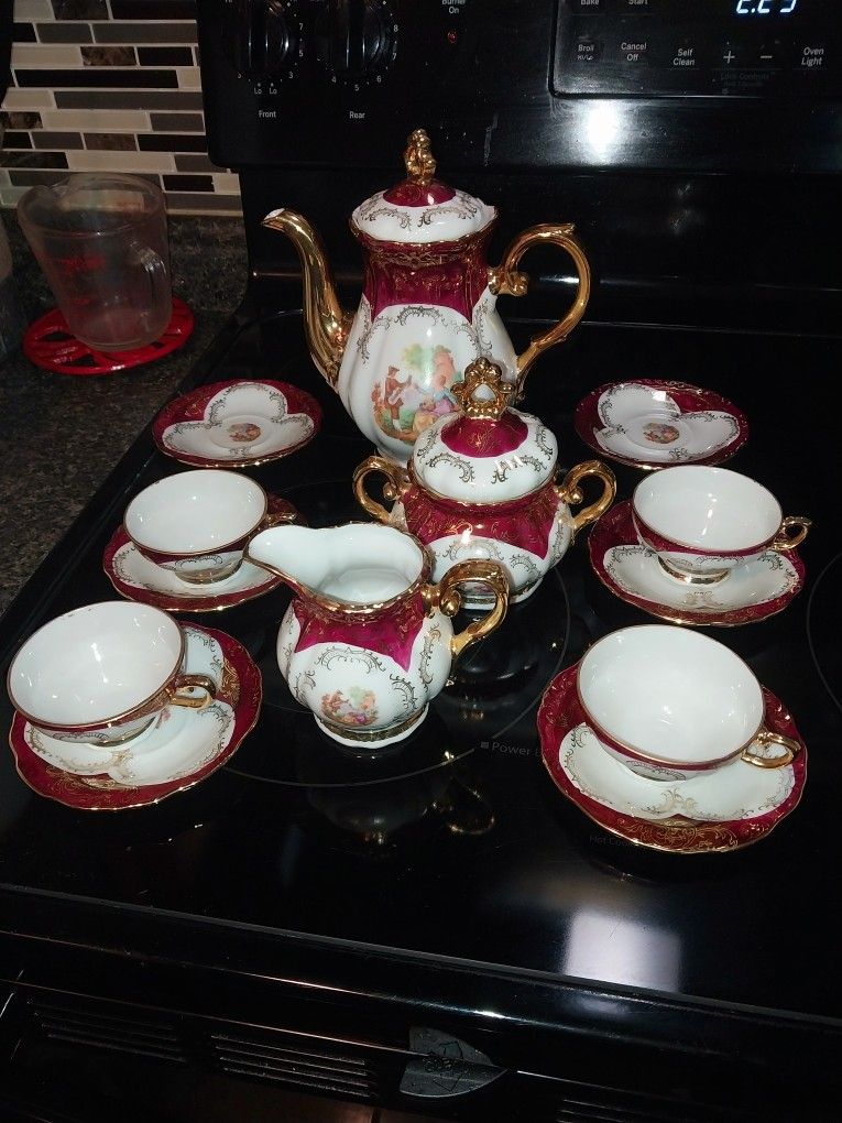 Vintage Bavarian Red And 24k Gold Plated Tra Set