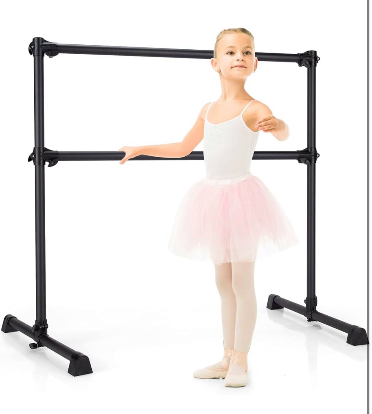 Goplus Double Ballet Barre Bar, Portable 4 FT Freestanding Dancing Bar w/ 7" - 46" Adjustable Height, Barre Exercise Equipment Bar for Home School Gym