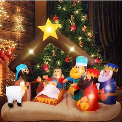 Sosation 6.5FT Christmas Inflatable Nativity Scene Outdoor Decoration Blow up Holy Family Christmas Inflatable Mary Joseph and Baby Birth Jesus with L