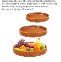 Woven Bread Basket, 3 Pack Wicker Fruit Baskets Rattan Bread Basket Poly Wicker Bread Baskets With Handles For Food Serving, Display, Vegetables, Home