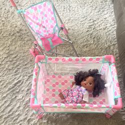 Doll With Crib And Stroller