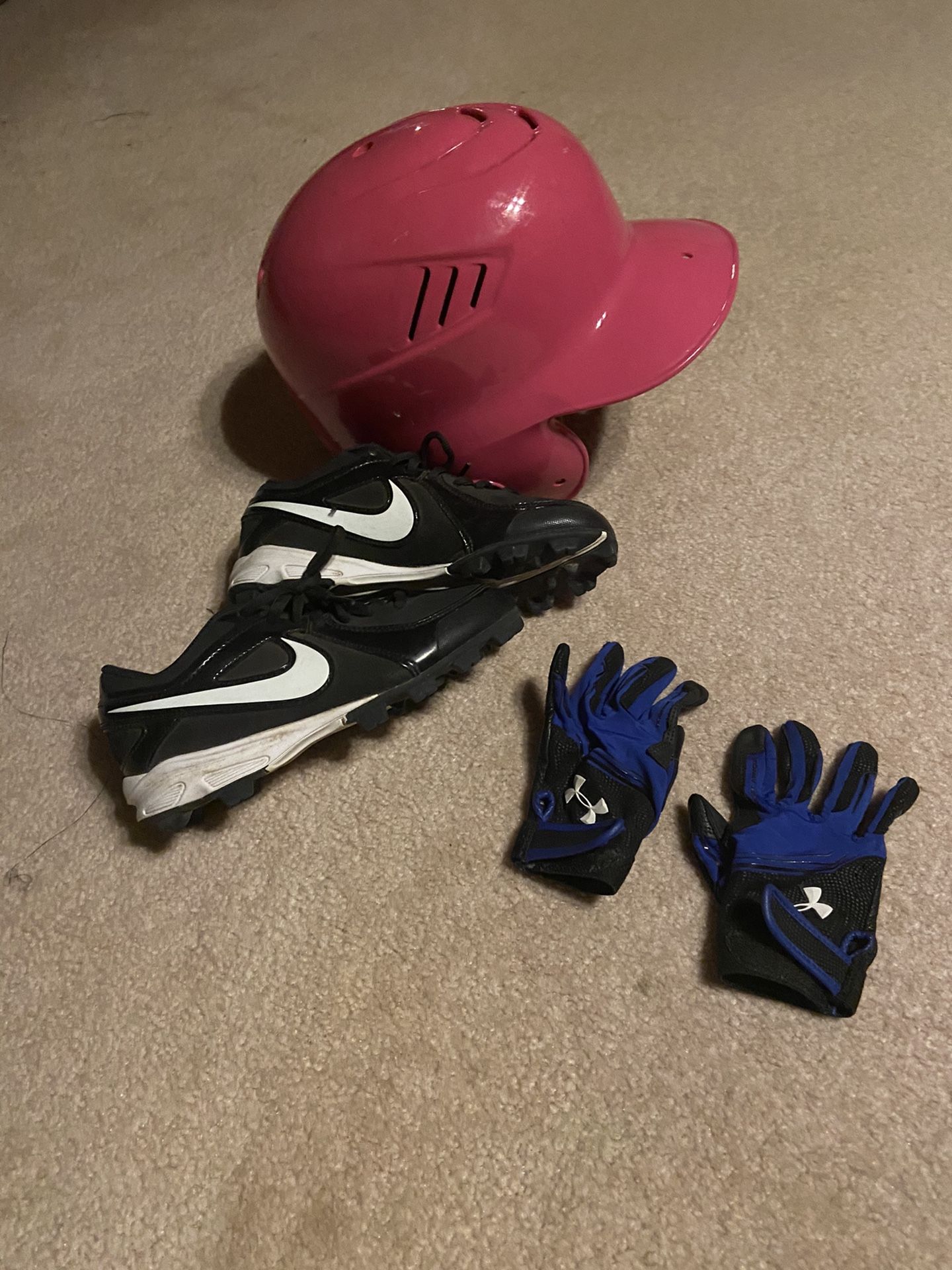 Youth baseball cleats, batting gloves and helmet like new