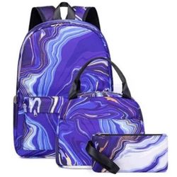 3-Piece Blue Swirl Bookbag Set with Lunch Box, Pencil Case, & Travel Laptop Backpack, NEW