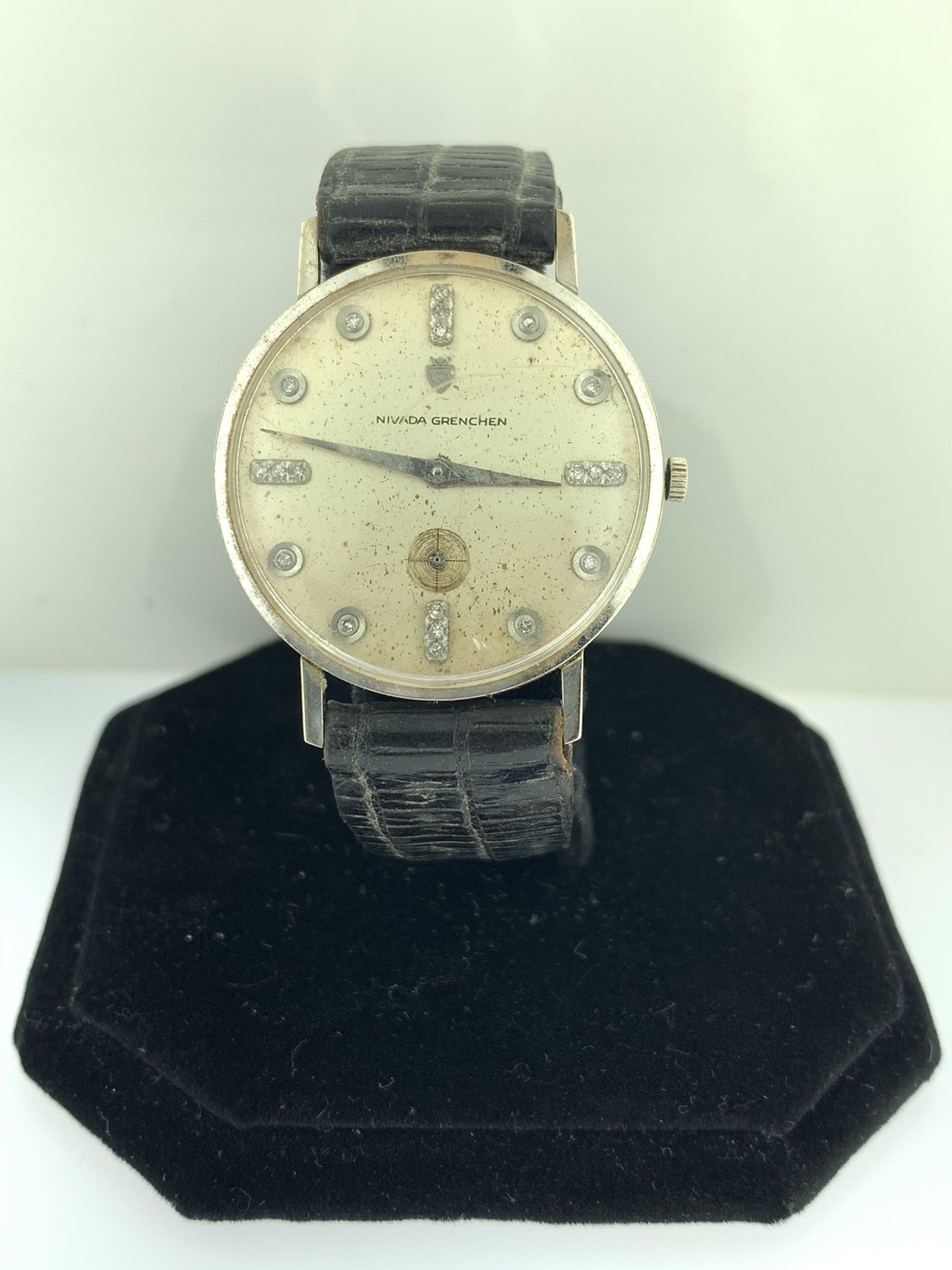 Vintage Croton Nivada Grenchen Fancy Diamond Dial Watch 18K White Gold Case