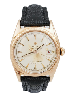 Rolex 36mm Vintage 1950 Bubbleback Oyster Perpetual Rose Gold Watch w/Cream Dial & Black Leather Strap. (6075)