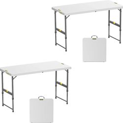 4ft Portable Folding Table, One-Handed Height Adjustment, 4 Heights, Gravity Lock, Carry Handle, Indoor Outdoor Heavy Duty Fold-in-Half Util
