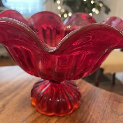 Vintage Crimson Red Glass Pedestal Fruit Bowl/Candy Dish