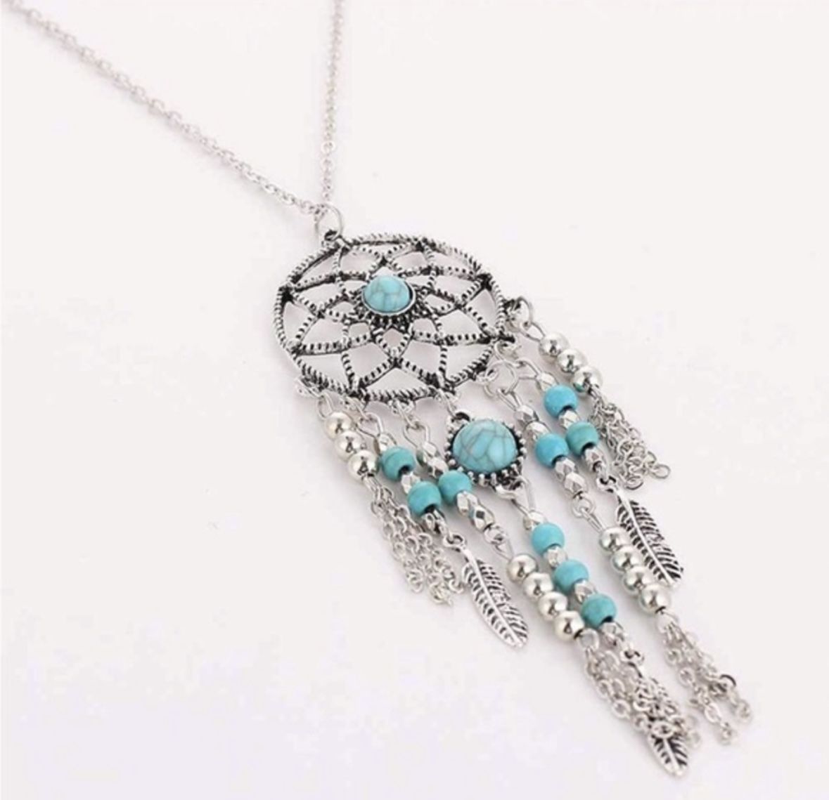 Boho Dreamcatcher Feather Turquoise Tassel Chain Charm Necklace Women Jewelry
