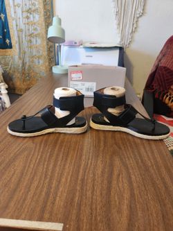 Black leather ankle strap ladies sandals size 6.5 medium