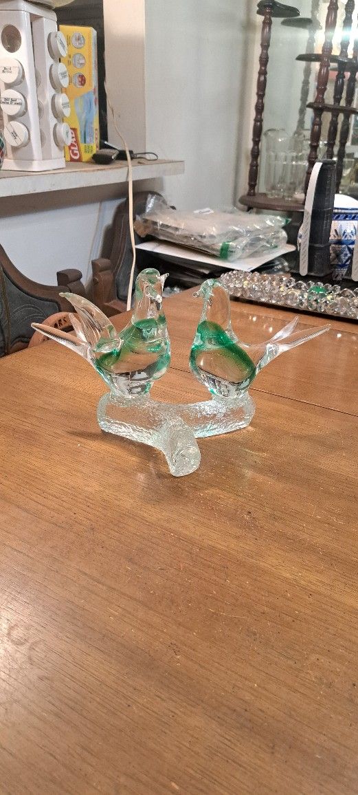 Beautiful Murano Style Lovebirds On Branch Art Glass Green And Clear Weighs 4.75 LBS