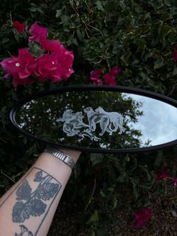 hand etched hounds mirror
