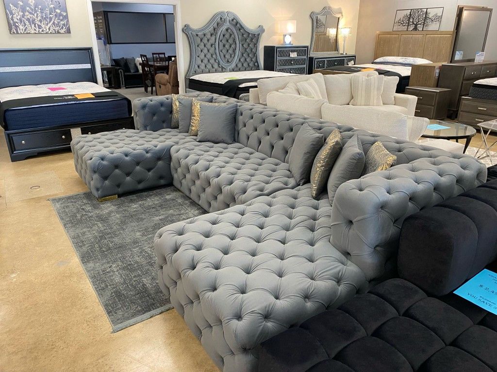 Neva Gray Velvet Double Chaise Sectional, Seccional, Oversized Couch// Delivery Available
