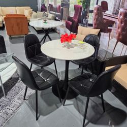 5 PIECE DINING TABLE SET FAUX MARBLE TOP BLACK BASE BLACK CHAIRS 30x30