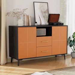 Leather Buffet Sideboard, Buffet Cabinet with Open Storage, Wood Coffee Bar with 2 Drawers 2 Enclosed Spaces, Console Table for Kitchen/Dining/Living 