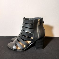 Black Wide Gladiator Side Zip Leather Wedge Heels (Size 8.5)
