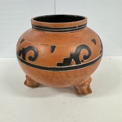 Handmade Mexican Folk Pottery Bowl Planter Footed Terra Cotta Hecho En Mexico