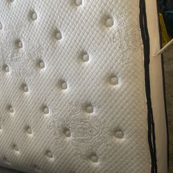 BUNDLE: Queen Canopy Bed + Like-New Mattress & Box Spring + BONUS Glass Stemmed Accent + Burgundy Drapes