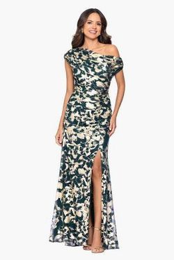 Betsy & Adam Green Gold Metallic Foil Floral Gown Sz 10 Draped Cowl Neck Formal