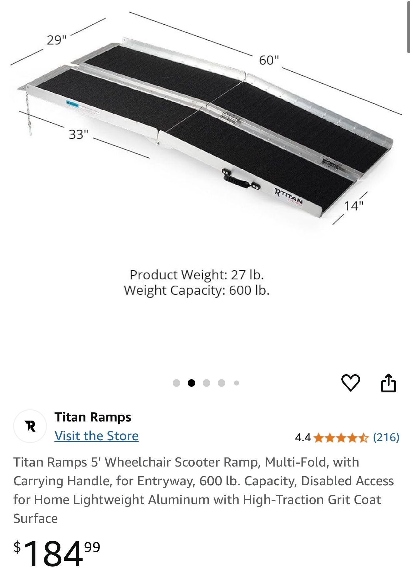 Titan Ramps 5' Ramp, Multi-Fold, with Carrying Handle, for Entryway, 600 lb. Capacity, Disabled Access for Home Lightweight Aluminu