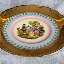 Vintage Fragonard Style Romantic Couple Porcelain Cabinet Plate Gold Gilt
