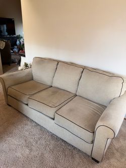 3-Seat Beige Upholstered Sofa with Dark Piping