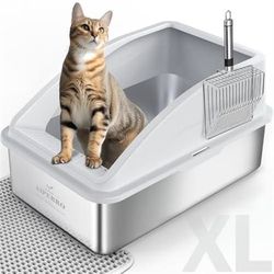 Stainless Steel Litter Box | XL Enclosed Cat Litter Boxs with Lid for Big Cats | High Sided, Anti-Urine Leakage | Non-Stick Bottom & Includes Litter M