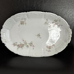 Antique Weimar Germany 14" Oval Heavy Porcelain Serving Platter Pink Vined Roses Bouquets Rare