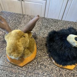 Plush Moose Head And Bear Head Wall Trophies