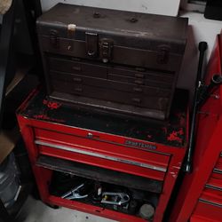 Kennedy and craftsman toolbox with some tools fuses punches, air pellets, measuring tape, bolts, nuts castle nuts, etc