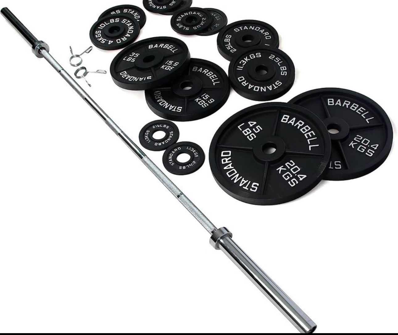 Olympic cast iron weight plate set 245 lbs plus 45 lb Bar