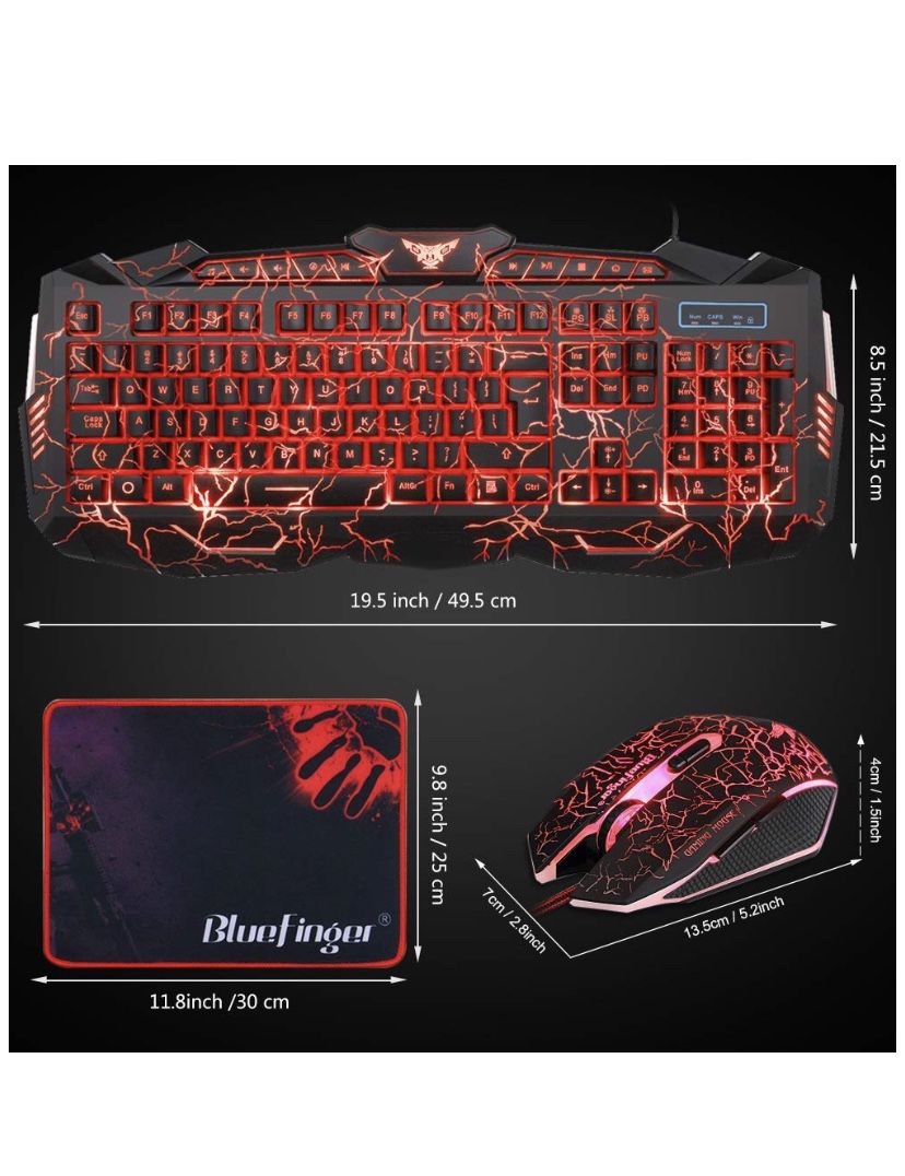 BlueFinger LED Gaming Keyboard and Mouse Combo,Mechanical Feeling USB Wired Keyboard Mouse Game Set,114 Keys Letters Glow,3 Color Breathing LED Crack
