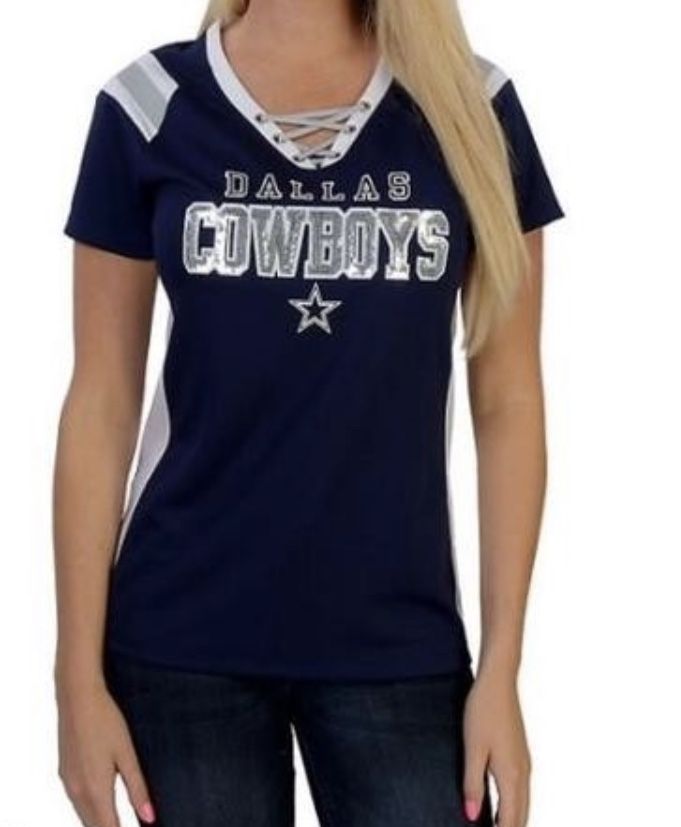 Women's Dallas Cowboys Navy Avery Lace-Up V-Neck Jersey